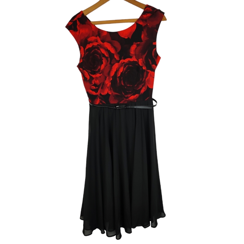 Perceptions Black Red Floral Print Dress 8